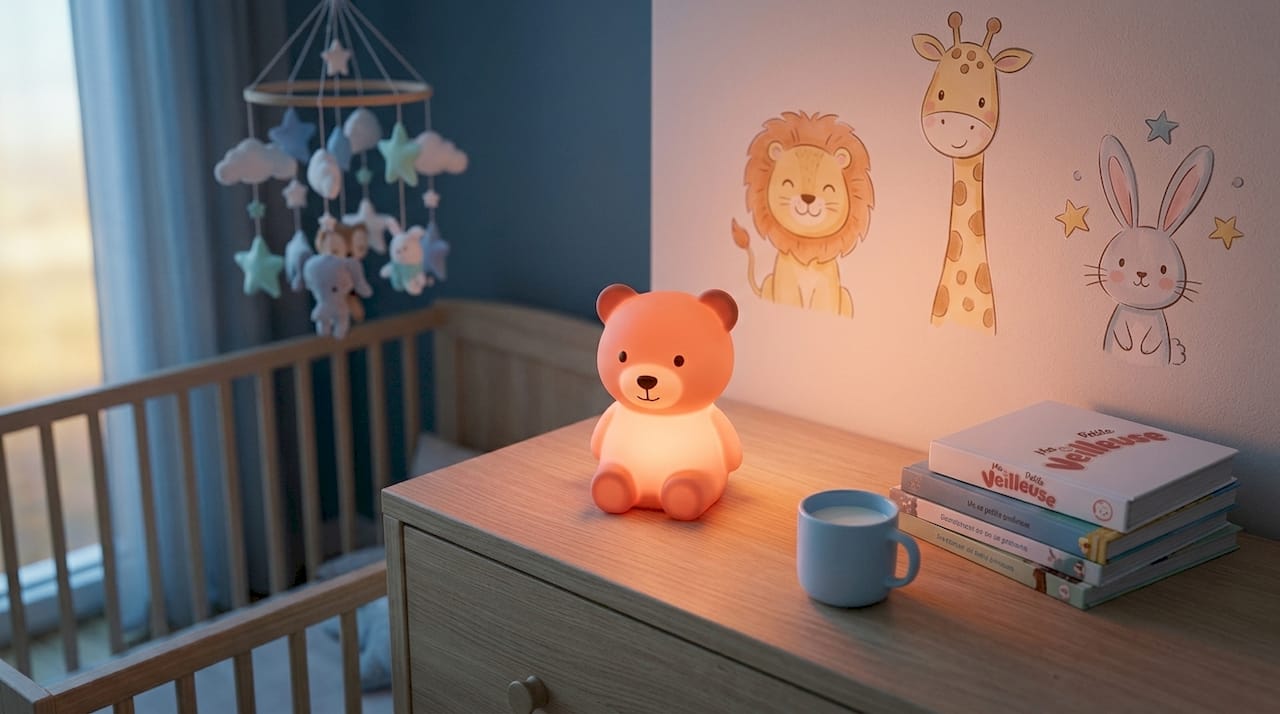 Une veilleuse douce et apaisante posée sur la commode de la chambre d’enfant