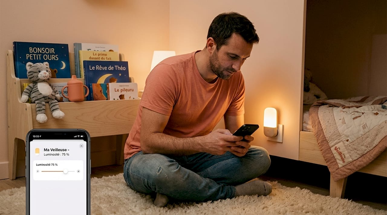 Un parent vérifie l’intensité de la veilleuse près du lit de son enfant.