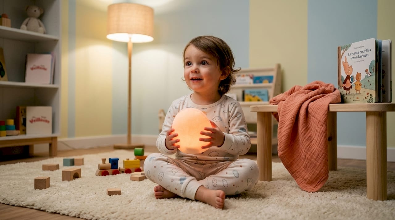 Un enfant assis sur le tapis, serrant contre lui sa peluche qui s’illumine.