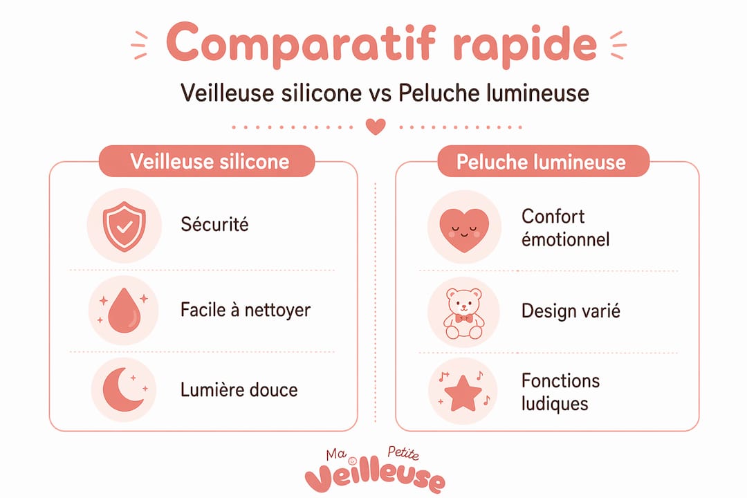 Comparatif visuel : veilleuse en silicone ou peluche lumineuse, laquelle choisir ?