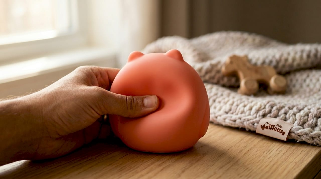 Une main qui tient délicatement une veilleuse en silicone toute douce