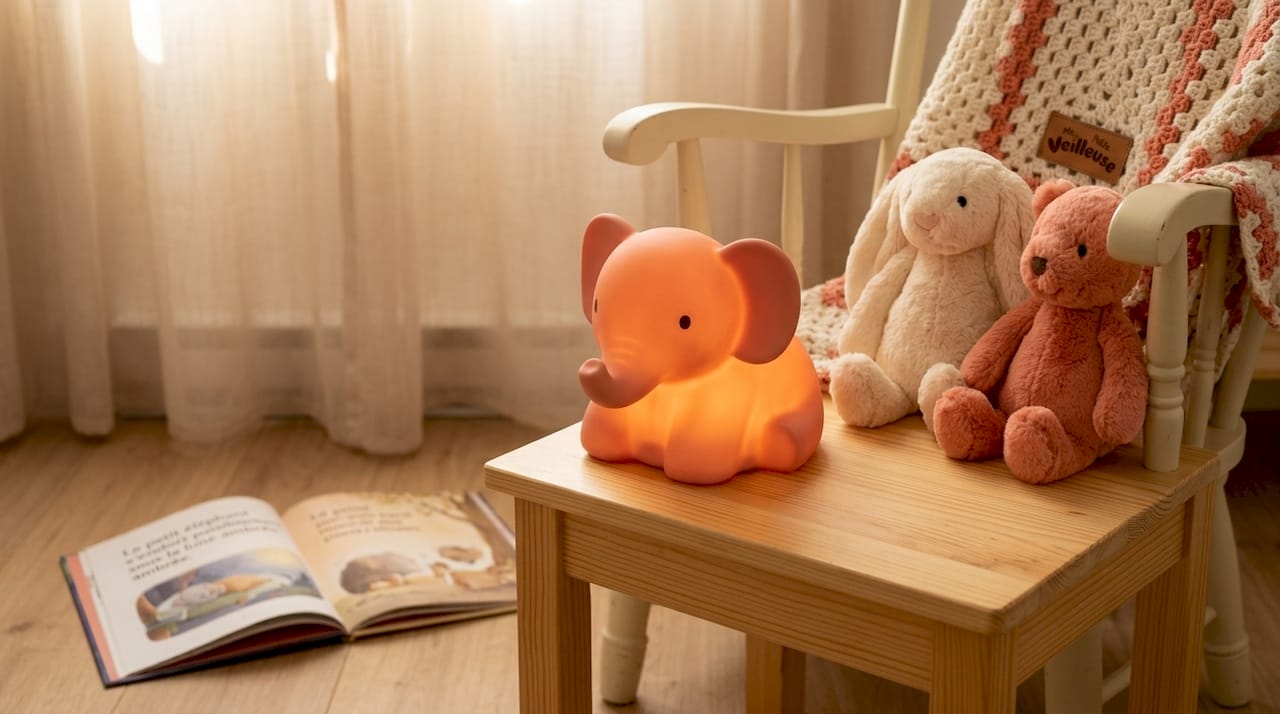 Une veilleuse ambrée diffuse une lumière douce, tandis que quelques peluches sont posées à proximité, créant une ambiance chaleureuse et rassurante.