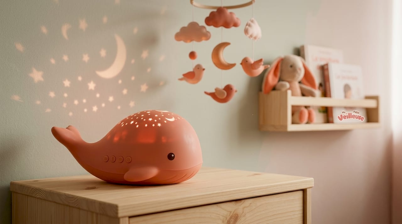 Mise en scène studio avec veilleuse baleine à projection et ses accessoires