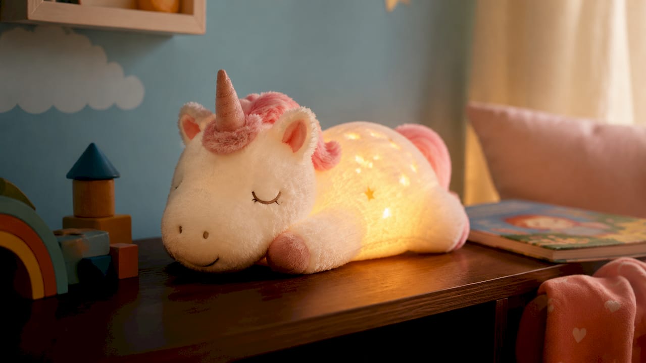 Veilleuse licorne Cloud b Twilight Buddies posée sur une étagère