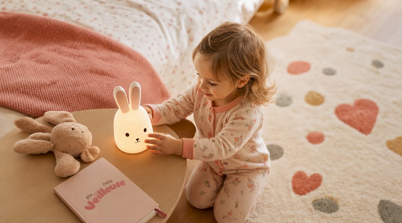 De petites mains curieuses effleurent la veilleuse en forme de lapin, toute douce en silicone.