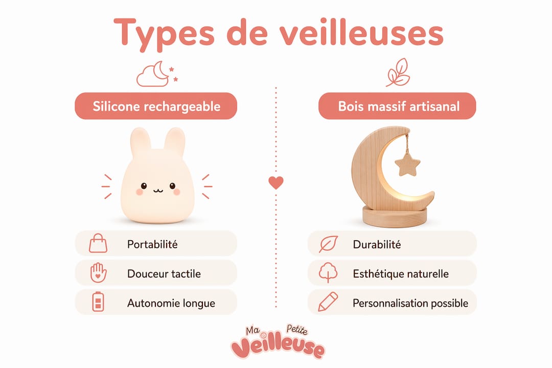 Infographie : match entre veilleuses en silicone et veilleuses en bois massif