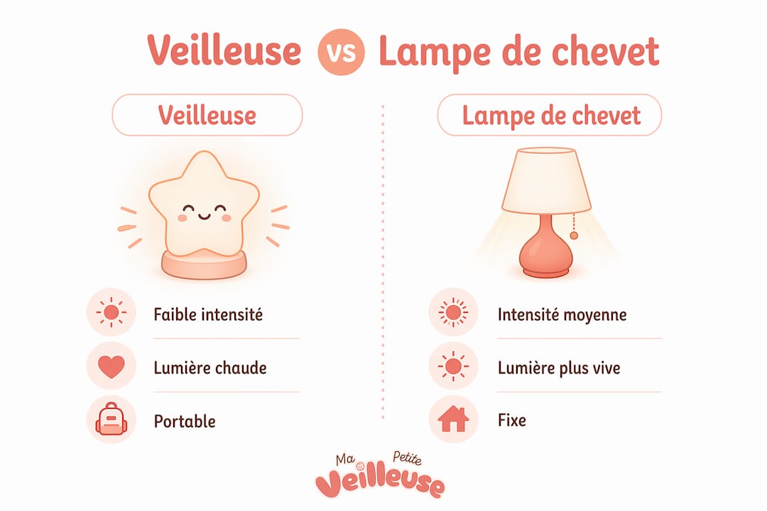 Infographie : quelles différences entre une veilleuse et une lampe de chevet ?