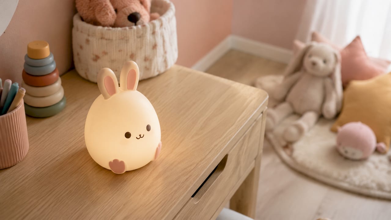 Des mains vérifient la qualité d’une veilleuse en silicone conçue pour les tout-petits.