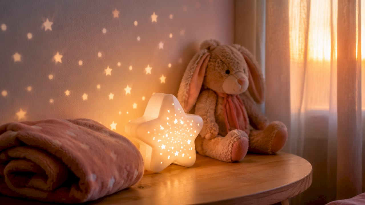 Veilleuse à projection douce qui illumine la chambre de bébé de petites étoiles scintillantes.