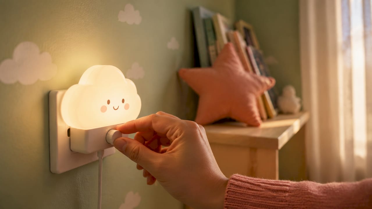 Une main règle l’intensité d’une veilleuse rouge dans la chambre de bébé.