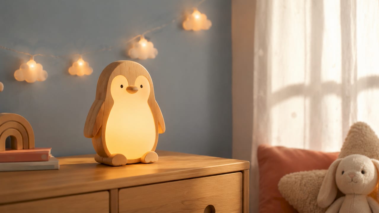 Craquez pour cette adorable lampe pingouin en bois massif, qui diffuse une lumière douce et chaleureuse pour une ambiance cosy dans votre intérieur.