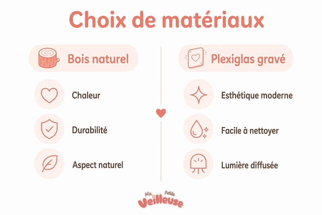 Infographie : le match entre bois naturel et plexiglas pour choisir la meilleure matière de veilleuse