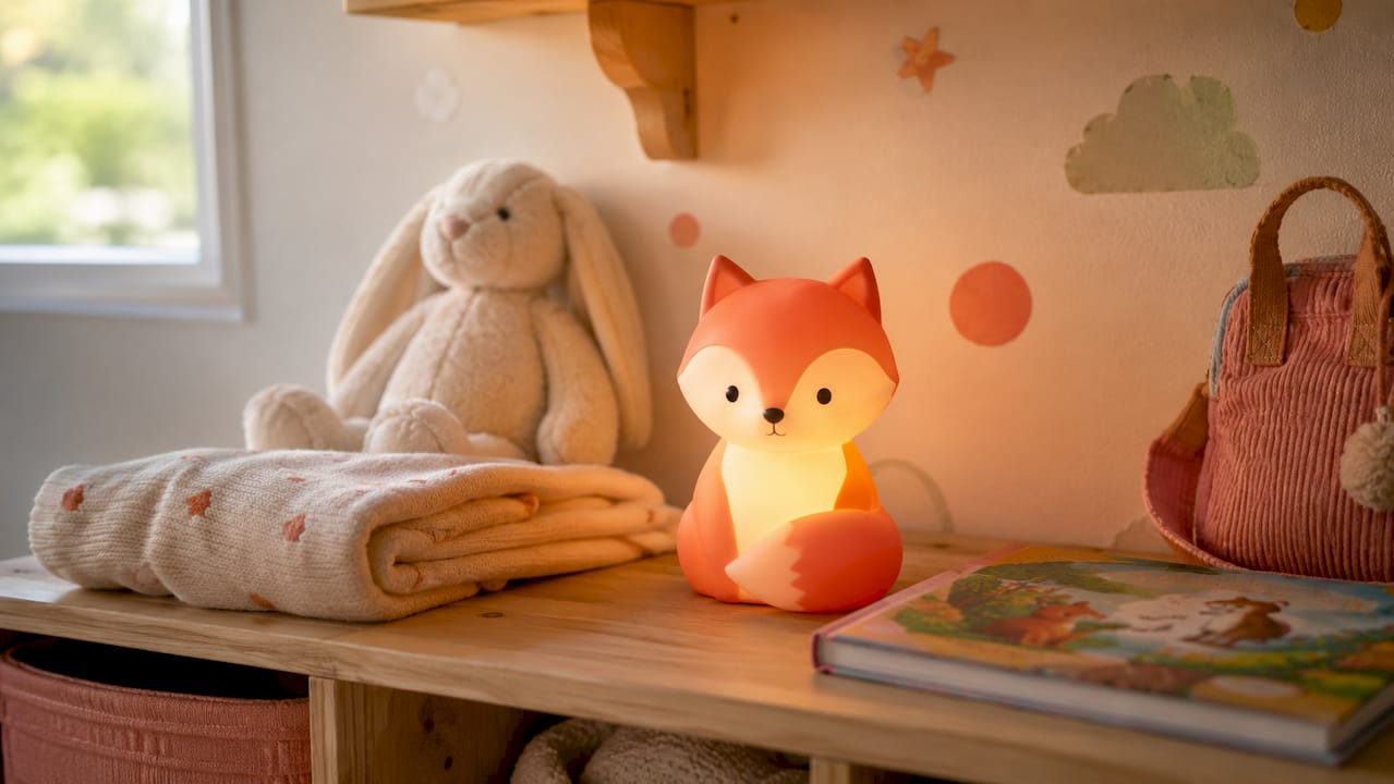 Petite veilleuse renard en silicone posée sur une jolie commode en bois