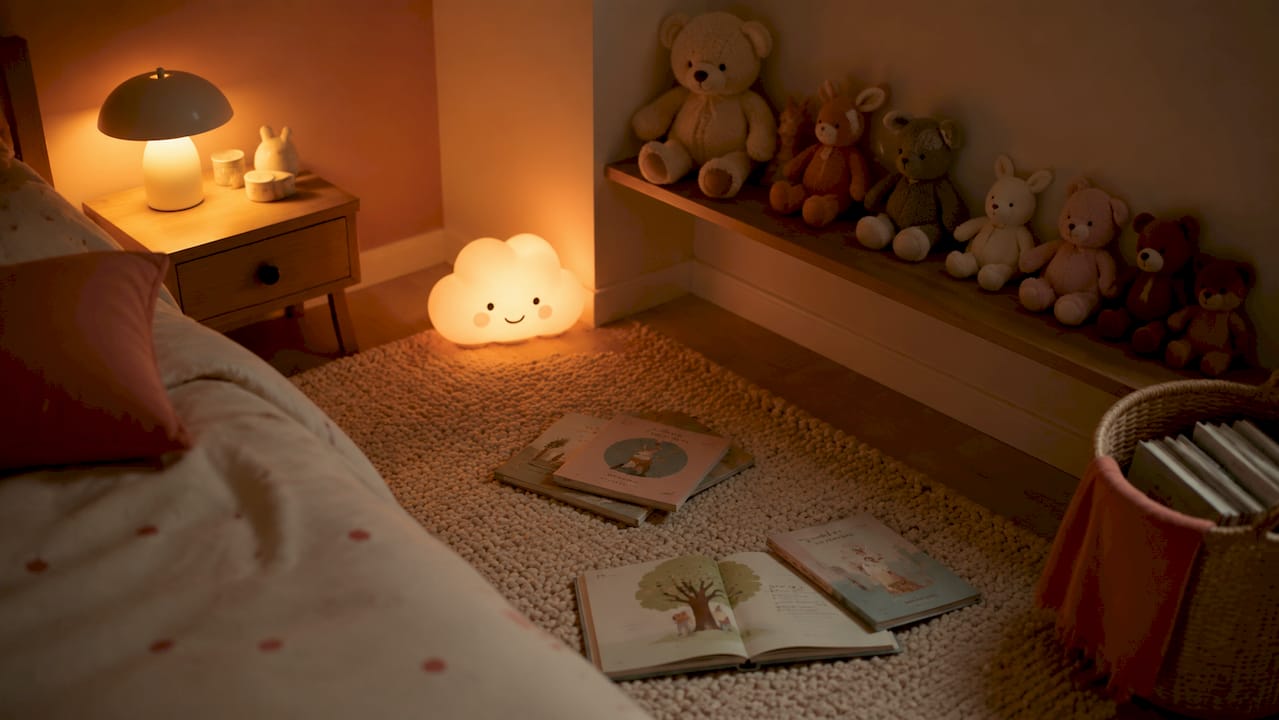 Une chambre de bébé pensée avec un éclairage doux et évolutif, parfait pour créer une atmosphère apaisante à toute heure de la journée.