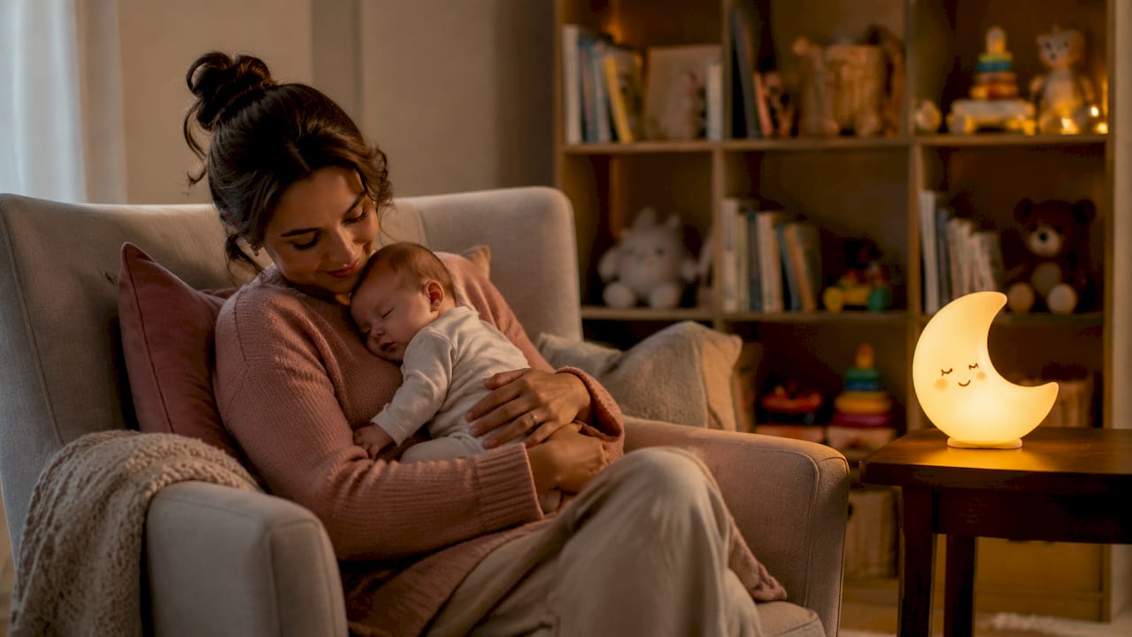 Une maman qui veille sur son enfant, douce lumière tamisée d'une veilleuse dans la chambre.