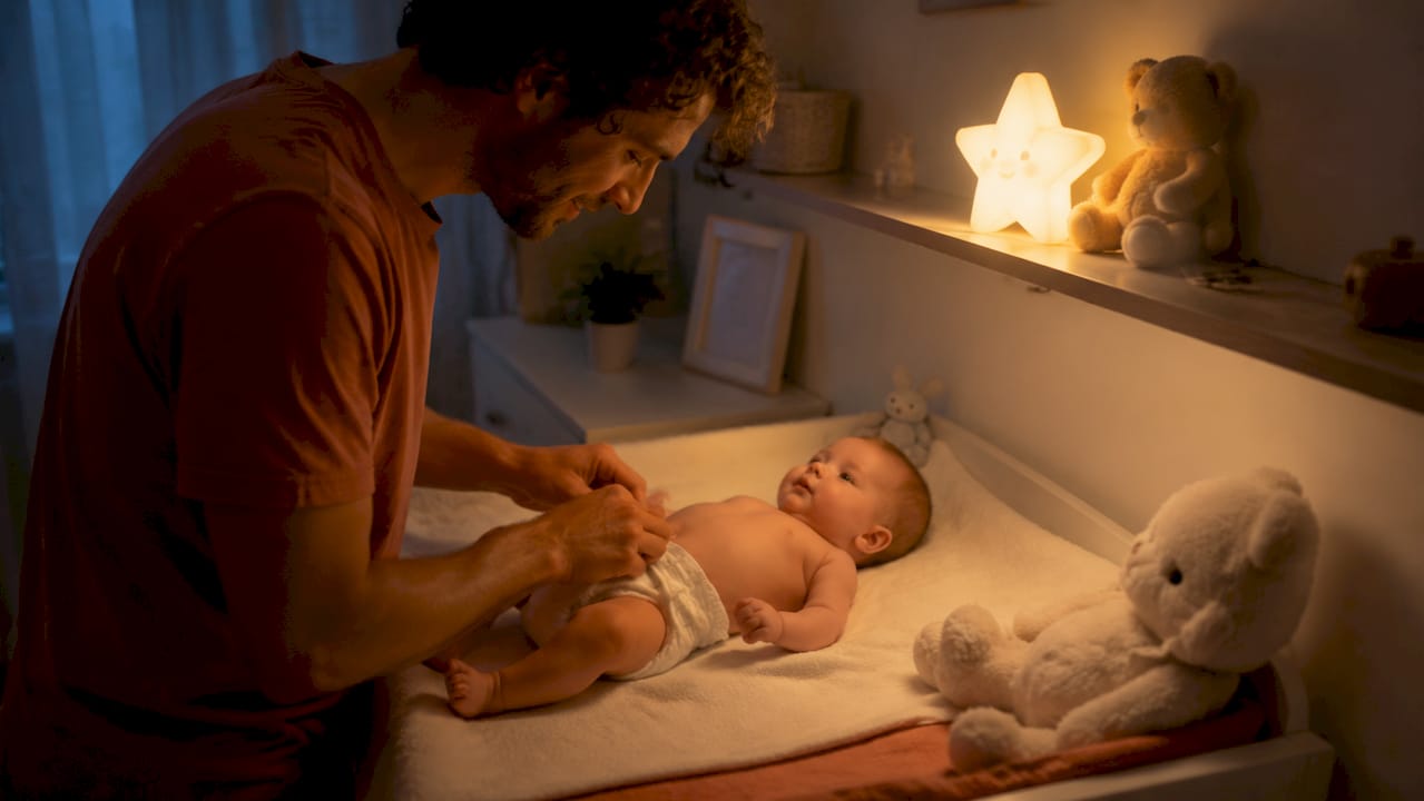 Un papa change la couche de son bébé à la lueur apaisante d’une petite veilleuse.