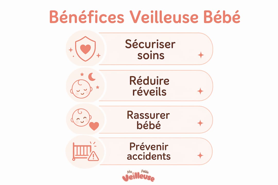 Découvrez en image les principaux avantages d’une veilleuse pour accompagner votre bébé au quotidien.