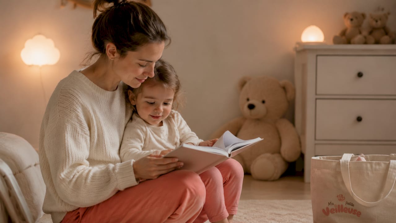 Un papa qui allume la petite lampe de nuit pour rassurer son enfant avant qu'il ne s'endorme.