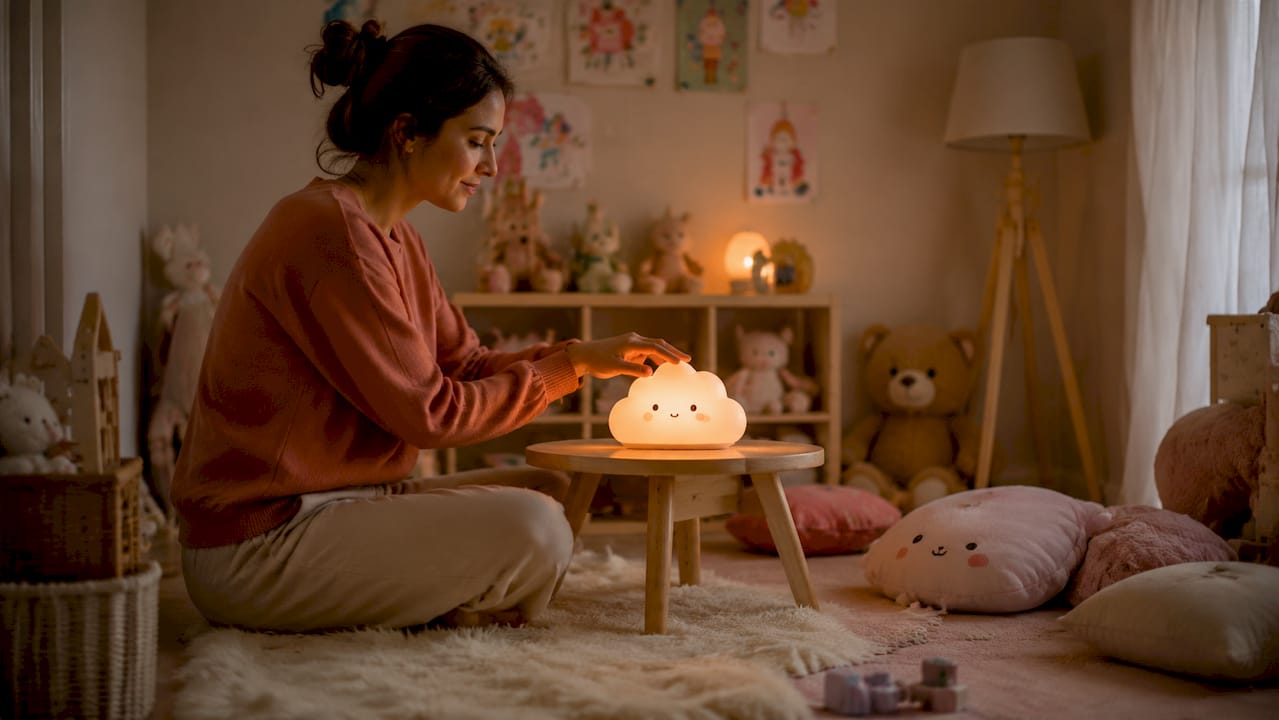 Des mains ajustent la luminosité d'une veilleuse pour enfant.
