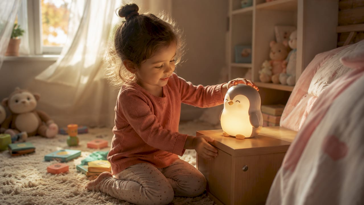 Les petites mains d’un enfant effleurent une veilleuse en forme de pingouin.