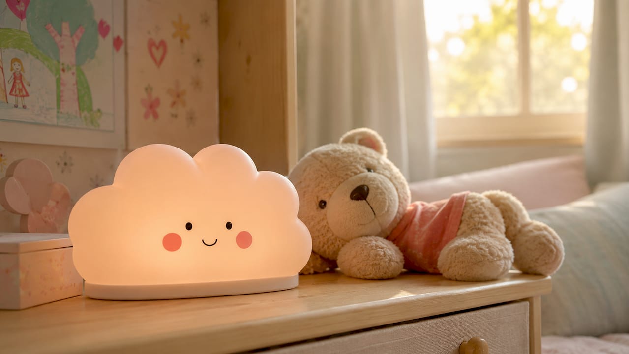 Gros plan sur une veilleuse posée sur la table, avec un indicateur de niveau de batterie bien visible.
