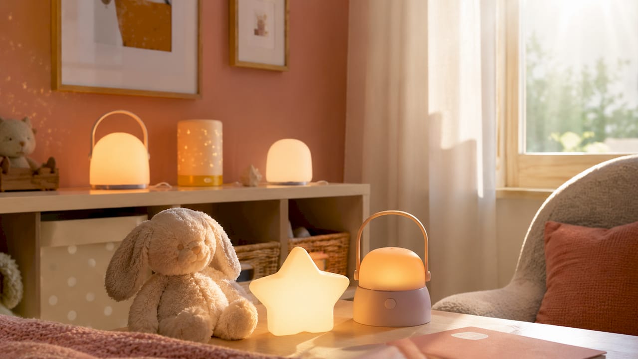 Sur une petite table, on trouve plusieurs veilleuses pour bébé soigneusement disposées, chacune apportant une touche de douceur à la pièce.