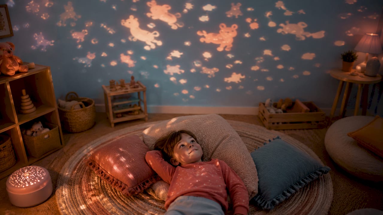 Un enfant paisiblement allongé sous une lumière douce projetant des formes apaisantes