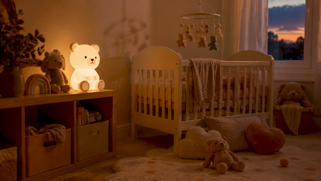 Veilleuse à lumière douce installée près du lit bébé dans la chambre d’enfant