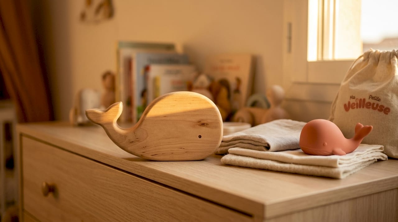 Lampe veilleuse en forme de baleine, alliant bois naturel et silicone pour une touche douce et élégante dans la chambre de votre enfant.
