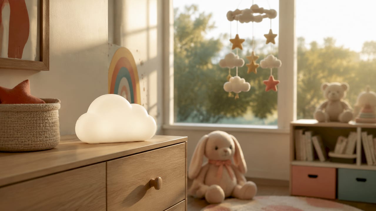 Une veilleuse LED à la lumière douce posée sur l’étagère de la chambre de bébé, juste à côté d’un ourson en peluche.