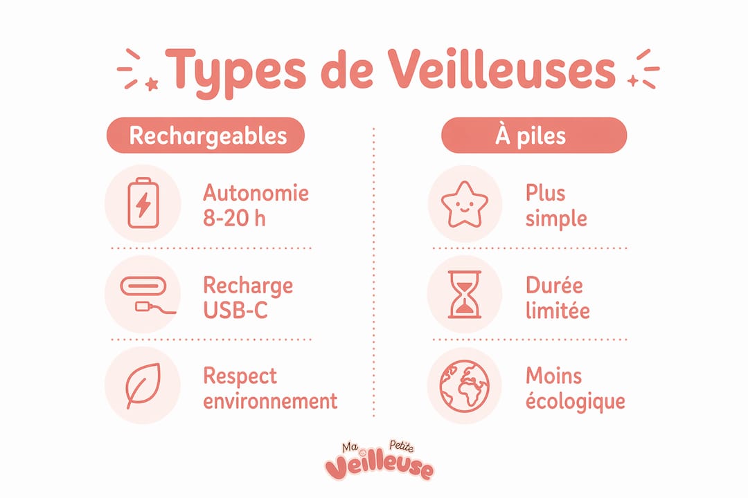 Infographie : avantages et inconvénients des veilleuses rechargeables versus celles à piles