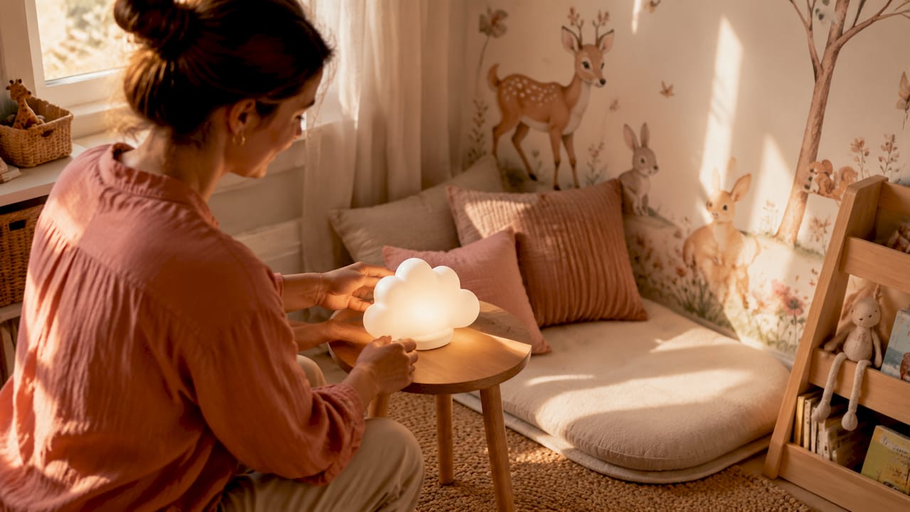 Un parent installe une veilleuse pour créer une ambiance douce et rassurante dans la chambre.