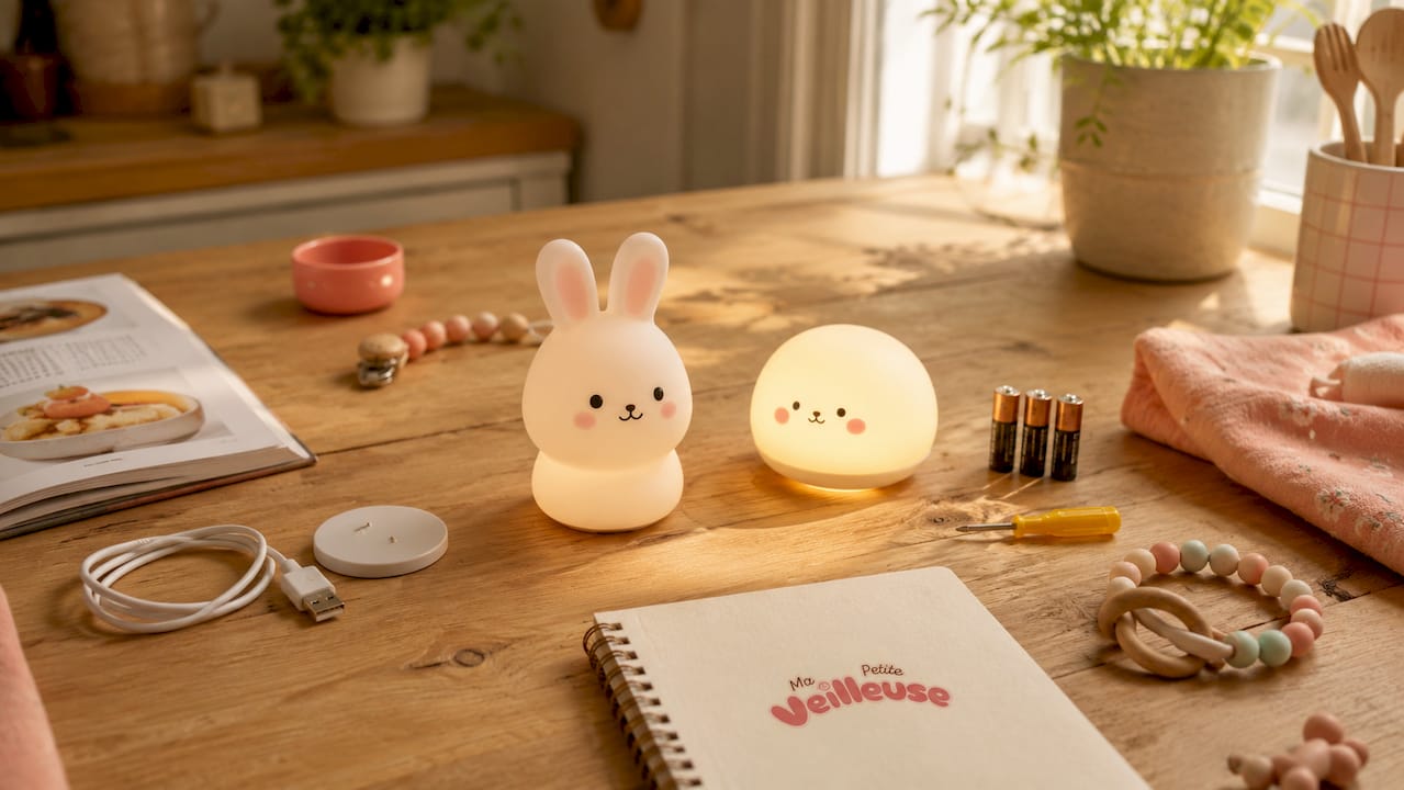 Des mains comparent deux veilleuses : l'une fonctionne avec des piles, l'autre se recharge par USB.