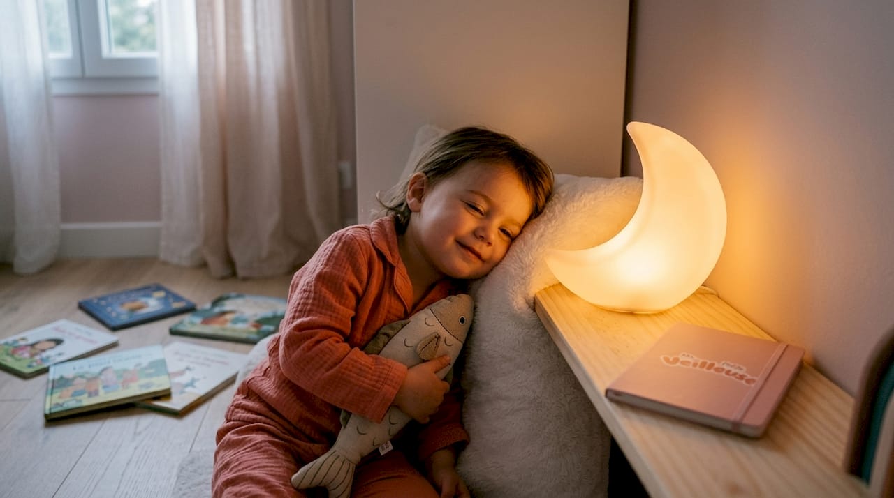 Un enfant détendu repose près d’une veilleuse en forme d’étoile qui diffuse une lumière douce.