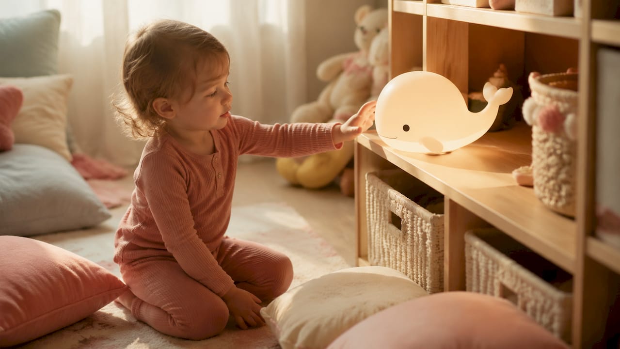 Gros plan sur une veilleuse en silicone activée d’un simple effleurement de la main.