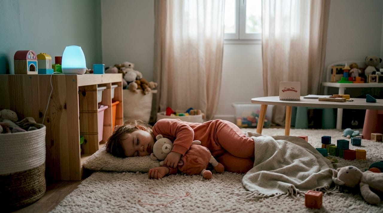 Un enfant paisiblement endormi, baigné dans la douce lueur rouge d’une veilleuse.
