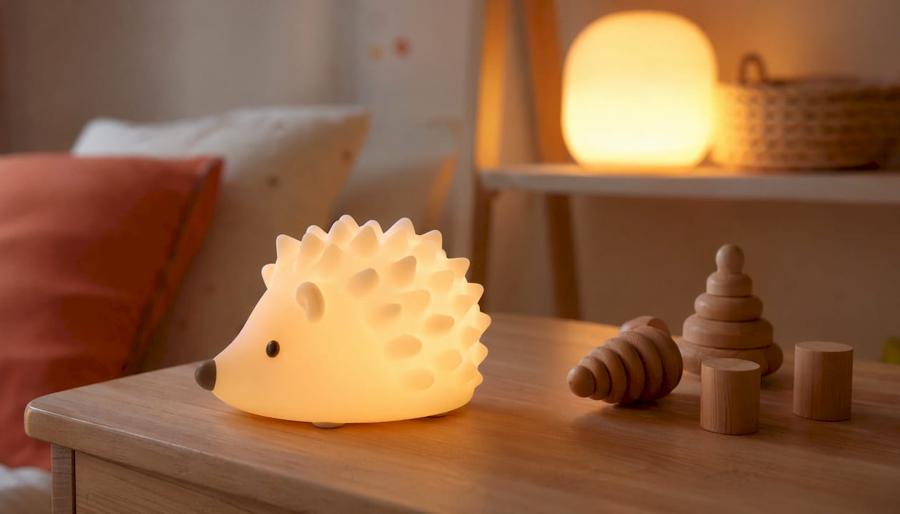 Zoom sur une veilleuse pour bébé en silicone, conçue pour une sécurité optimale.