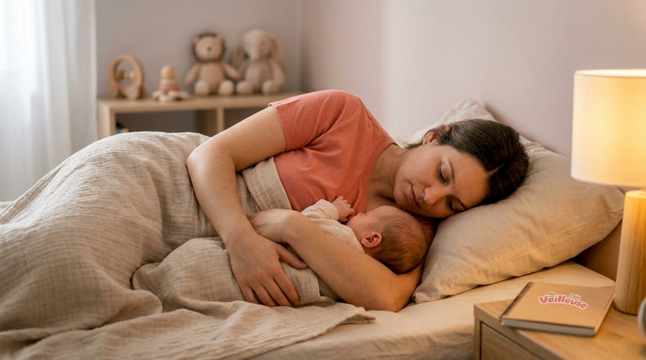 Une maman qui allaite son bébé tout en partageant le lit, dans la position cododo C.