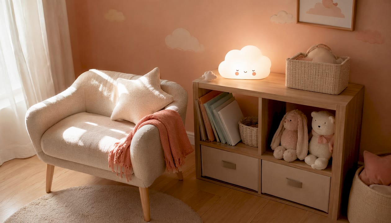 Une petite lampe d’ambiance minimaliste posée sur une étagère vient ajouter une touche cosy à cette chambre au style moderne.