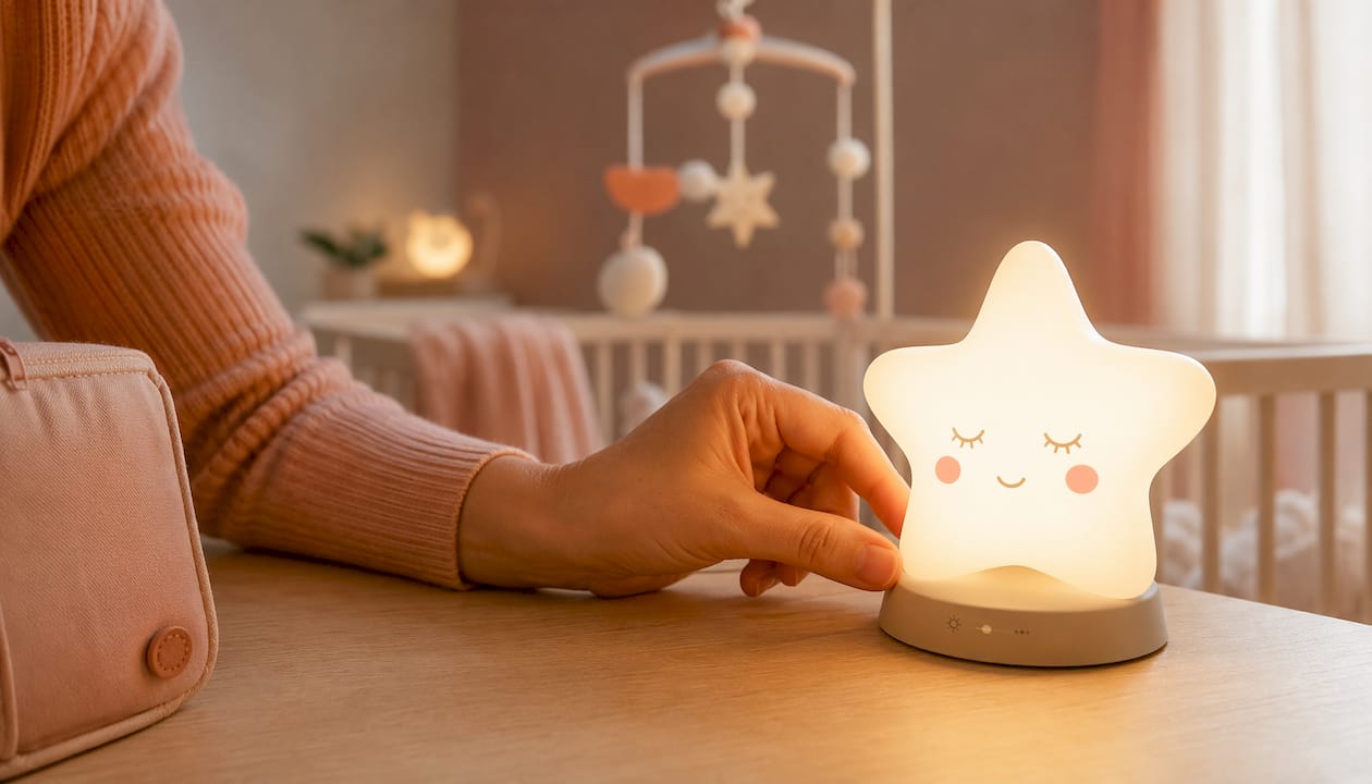 Une main règle l’intensité lumineuse d’une veilleuse en forme d’étoile.