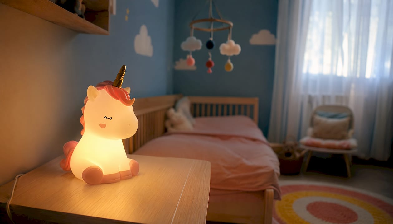 Une veilleuse licorne diffuse une lumière douce, idéale pour rassurer les enfants dans leur chambre.