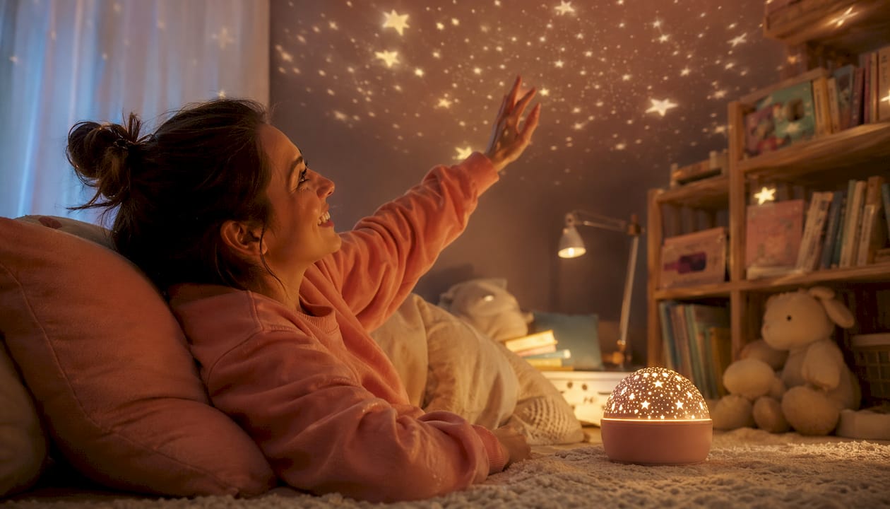 Une maman présente à son enfant une veilleuse qui projette des étoiles au plafond, créant une ambiance douce et magique dans la chambre.