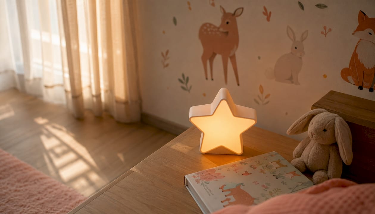 Lampe de chevet ambrée à intensité réglable posée sur la table de nuit