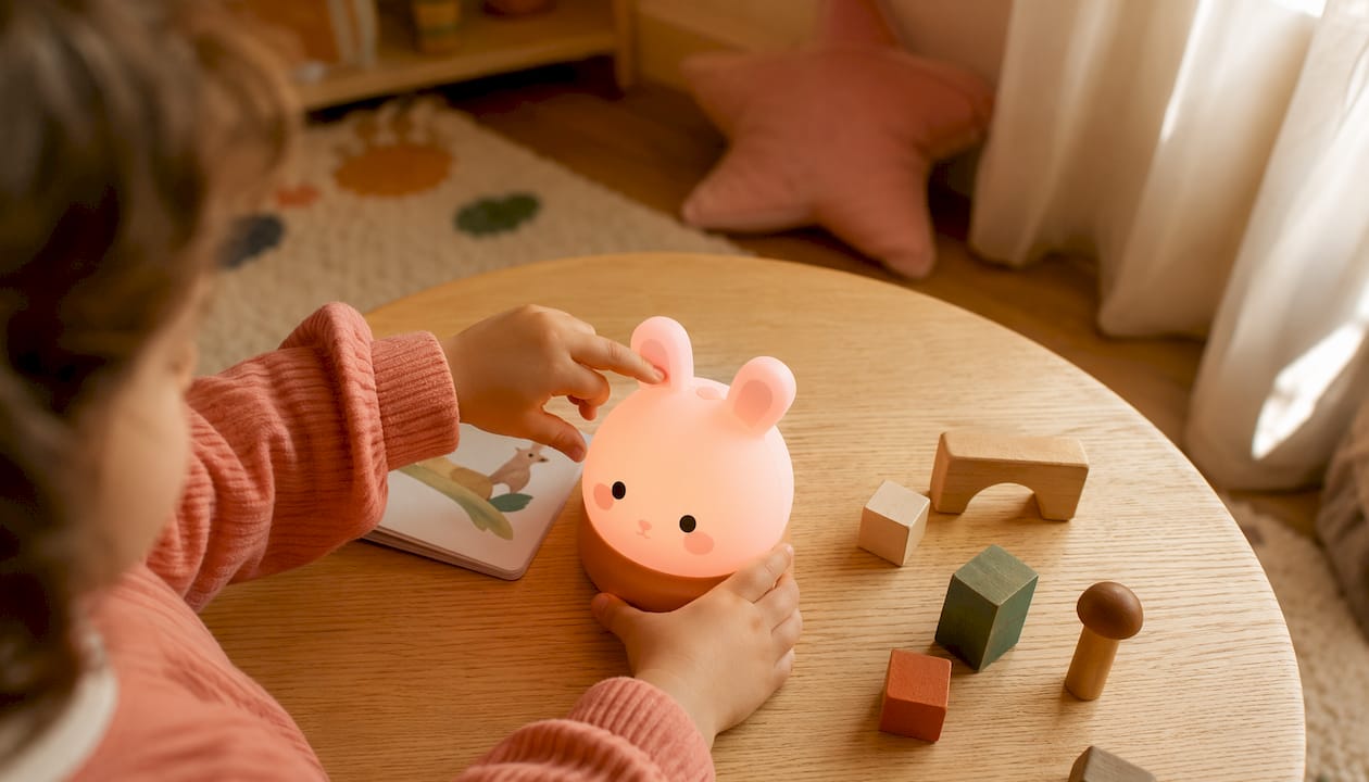 Petites mains curieuses manipulant une veilleuse multicolore qui s’adapte à leurs envies