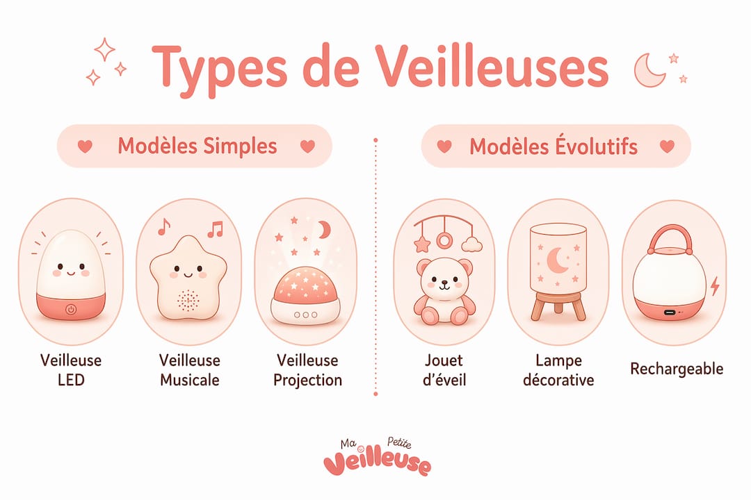 Infographie : quel modèle de veilleuse choisir pour la chambre de bébé ? Comparatif des différentes options lumineuses.