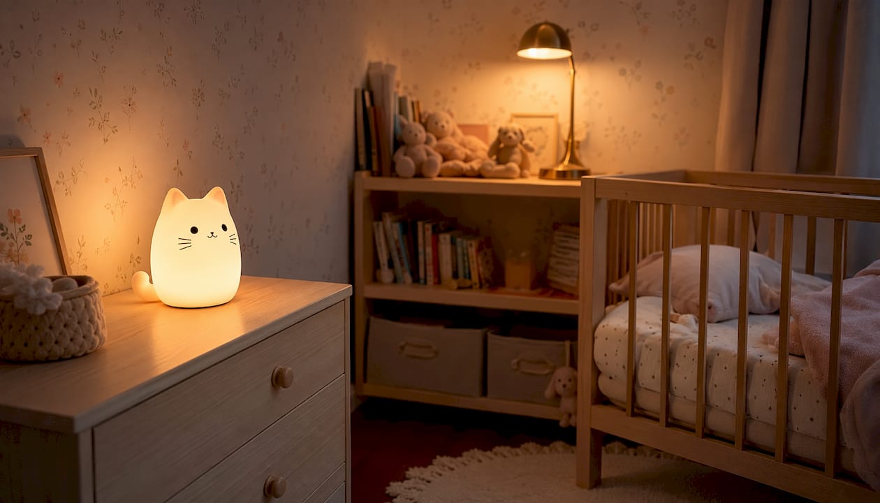 Une veilleuse douce posée sur la table à côté du berceau, pour accompagner le sommeil de bébé.