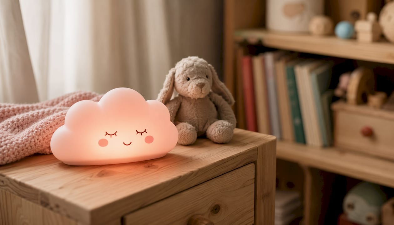 Veilleuse en silicone pour bébé, diffusant une lumière douce et apaisante.