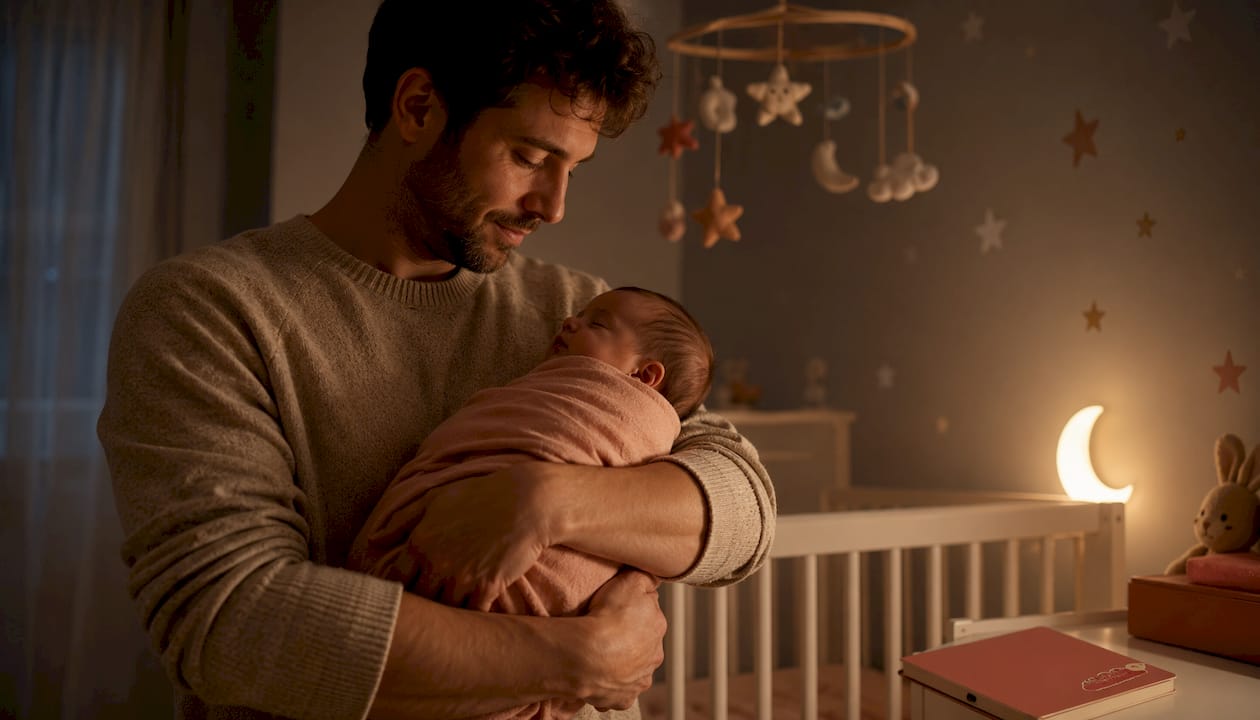 Un papa qui berce tendrement son bébé pour l’apaiser lors d’un réveil nocturne.