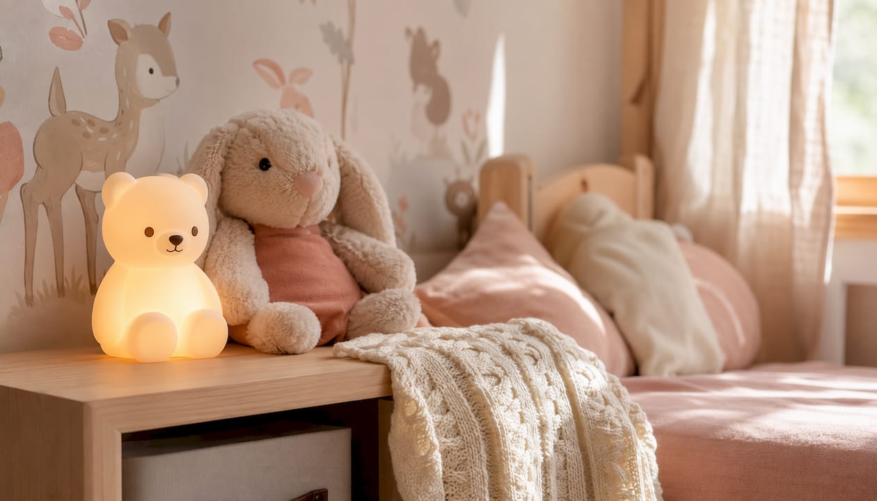 Zoom sur une veilleuse en silicone toute douce et sur des jouets pour bébé.