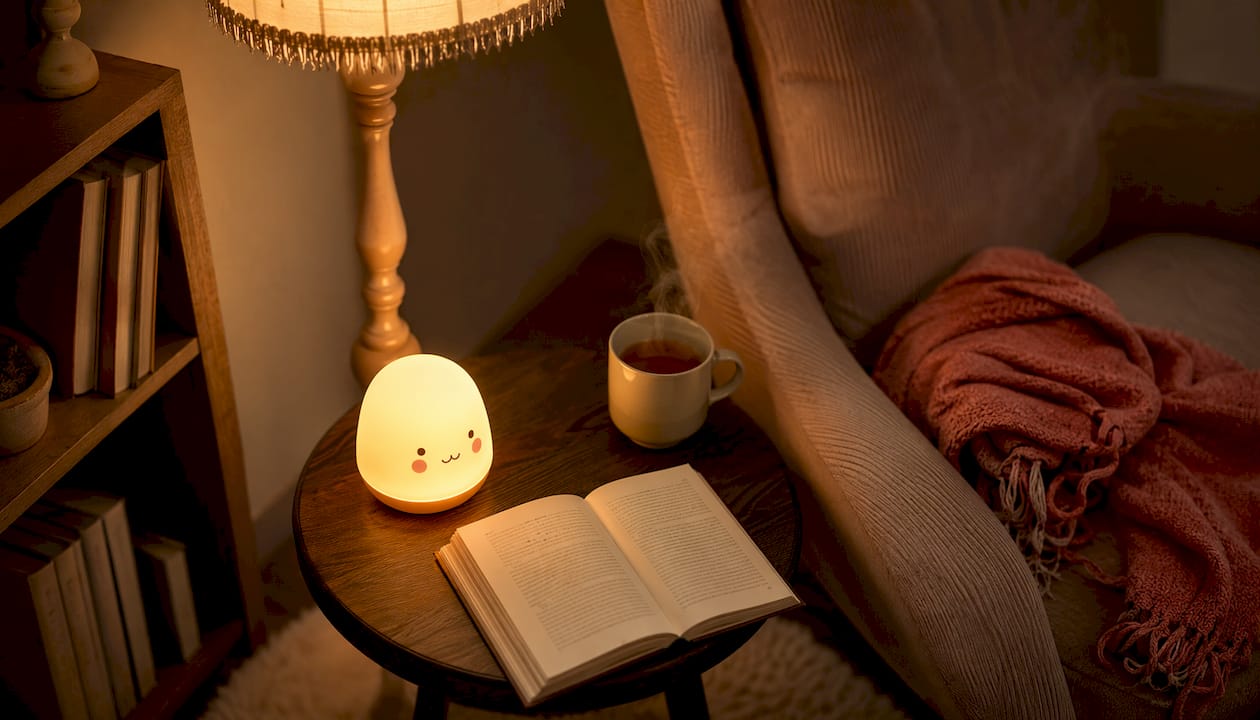 Lampe veilleuse rouge pour adulte, élégamment posée sur une table de chevet contemporaine.